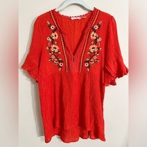 BLU PEPPER Women’s V‎ Neck Embroidered Crochet Top Boho Hippie Cottagecore Large